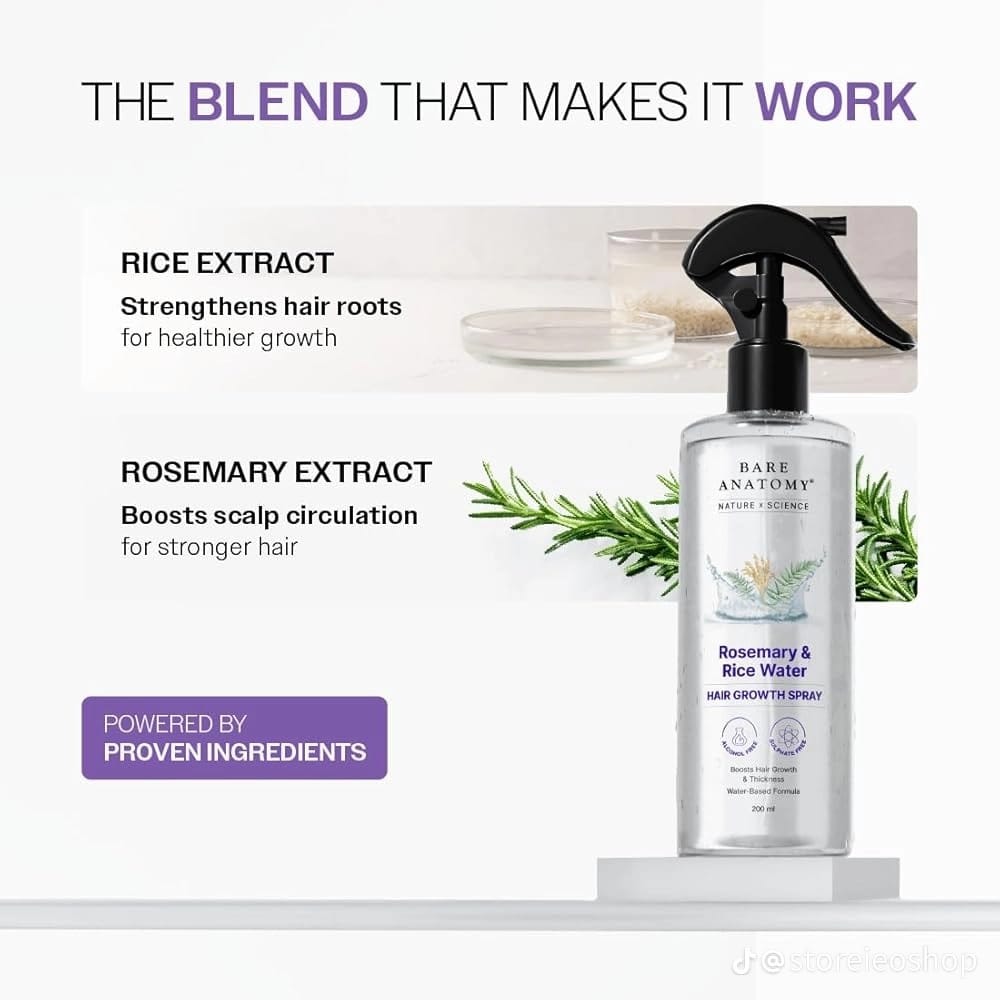 Bare Anatomy Rosemary Water Spray for Hair Growth & Hair Thickness with Rice Water
